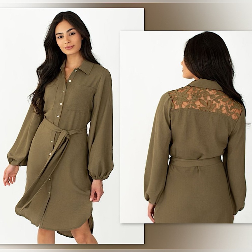 🫒Joyfolie Shirt Dress with Lace in Olive, M NWT✨